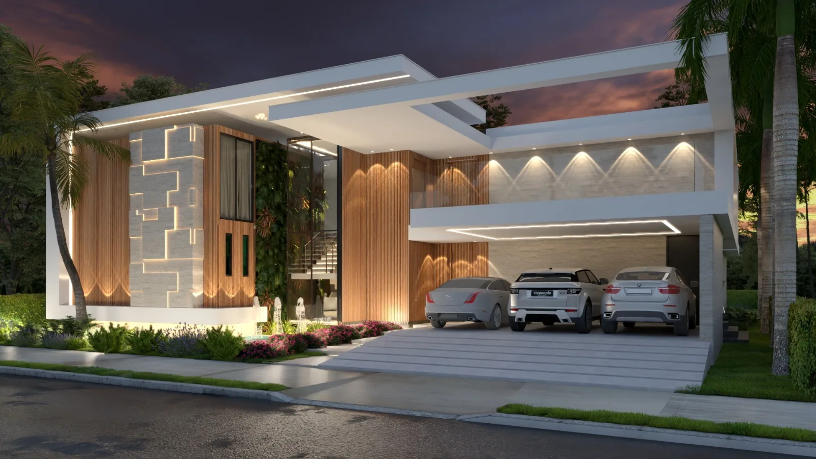 Contemporary residence with layered wood, stone, glass, and architectural lighting at dusk