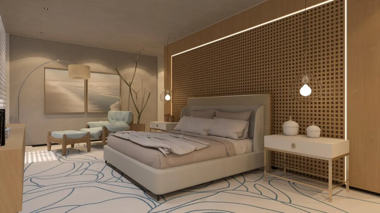 3D rendering: warm minimalist bedroom concept with a custom lattice wall and layered lighting