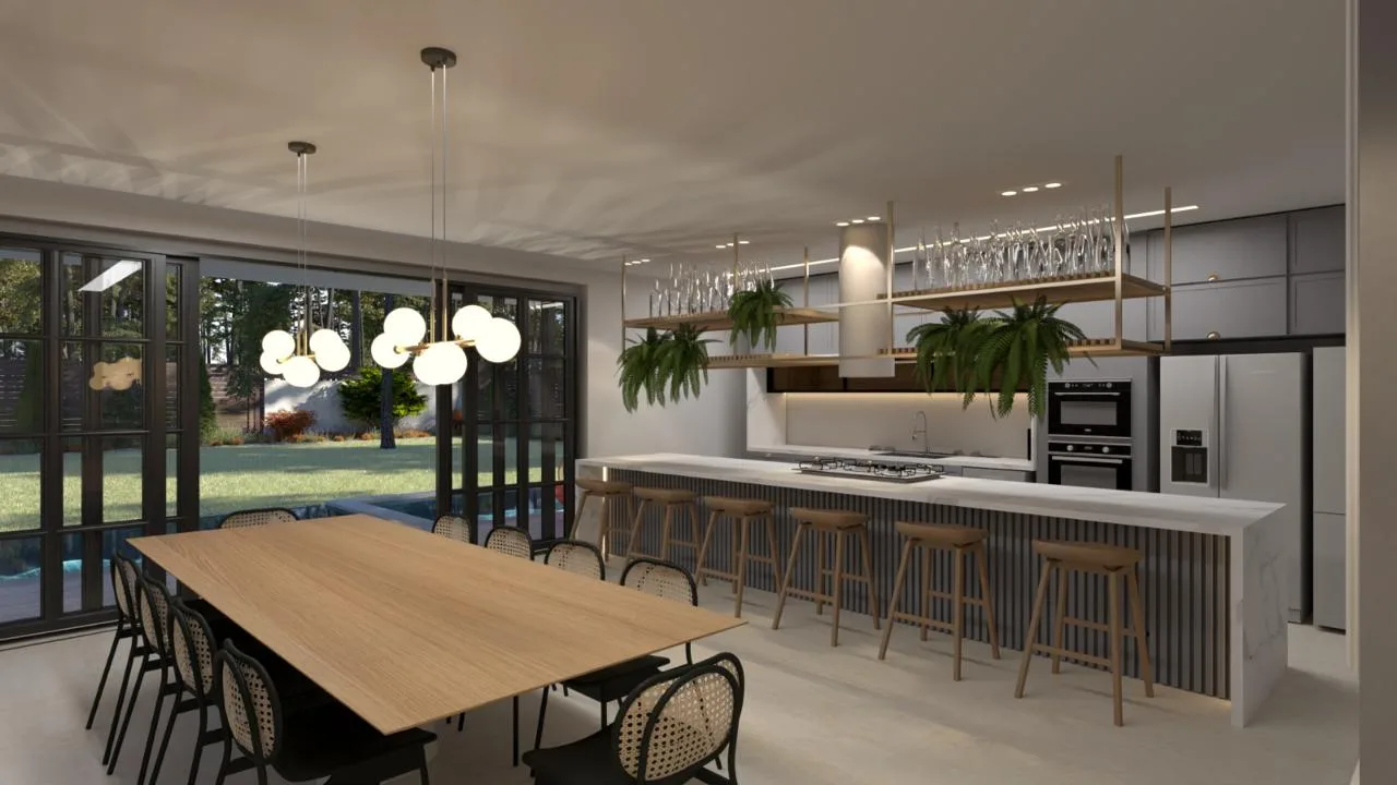 3D rendering: open kitchen and dining concept with custom shelving and warm timber details