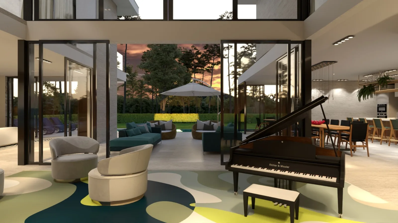 3D rendering: open living room with a grand piano, glass walls, and an indoor-outdoor connection